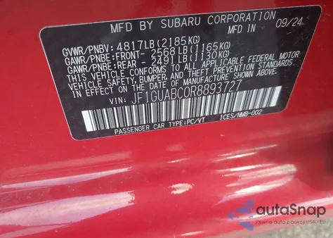 2024 Subaru Impreza Base 5-Door from USA, damaged, VIN JF1GUABC0R8893727